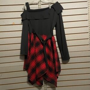 Womens‎ Black Red Plaid Cold Shoulder Dress Long Sleeve Belted Asymmetrical XL